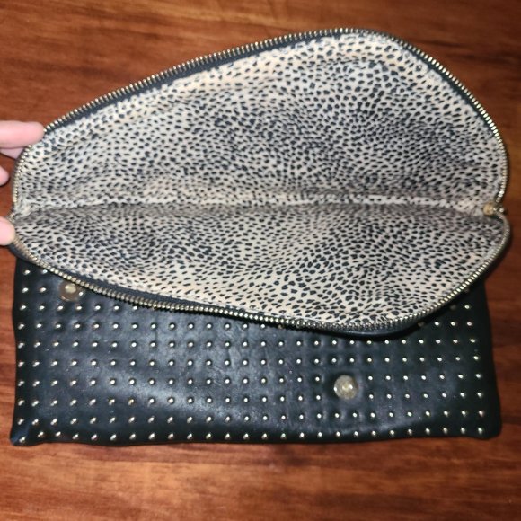 JustFab Black & Gold Studded PU Vegan Leather Clutch Fold Over Biker Punk Goth - Picture 10 of 12